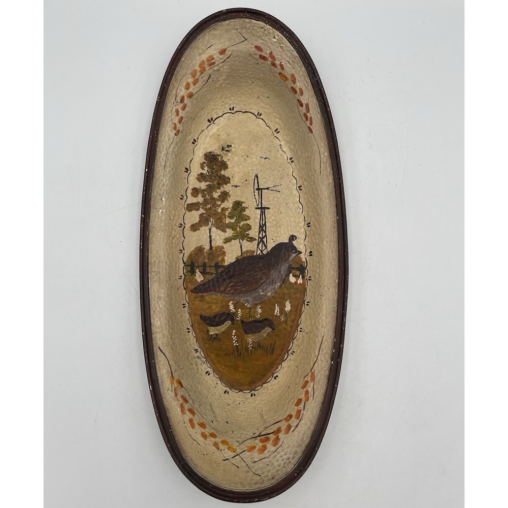 Vintage Meridian Silver Plate Co Tray Hand Painted Quail Bird Folk Art Farmhouse